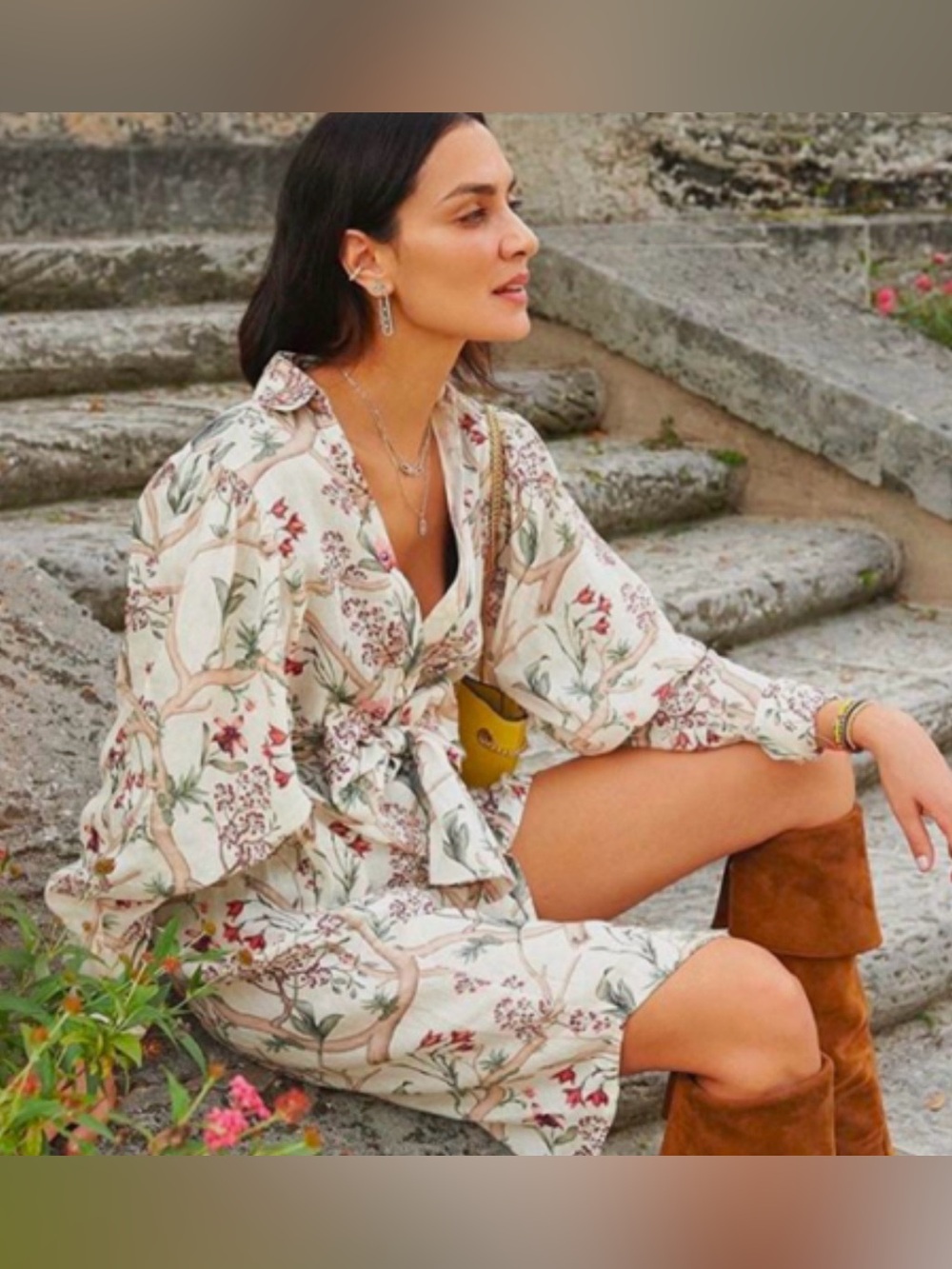 Johanna Ortiz Cream Botanical Tie-Waist Long Sleeve Linen Dress
